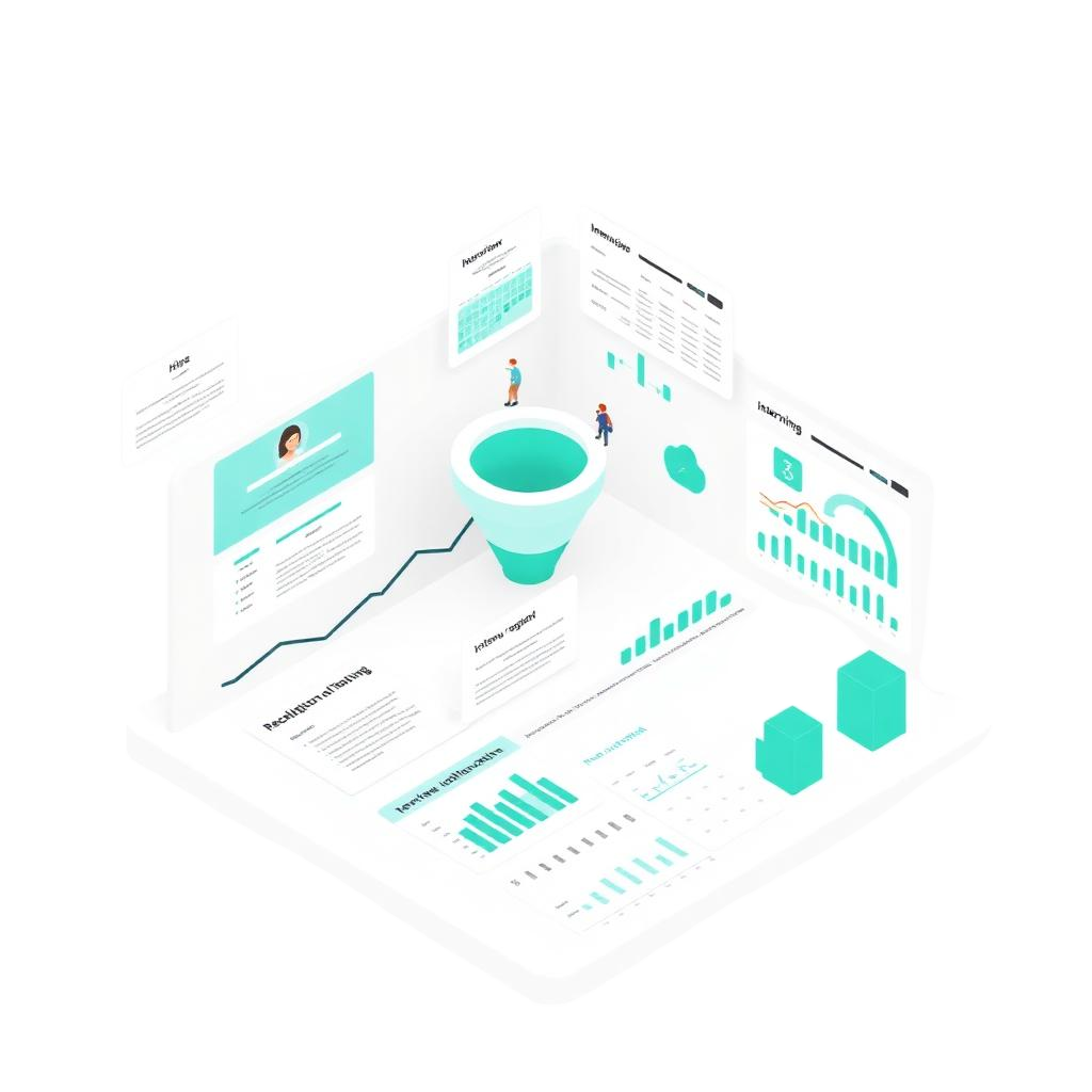 Recruitment dashboard illustration with candidate pipeline, hiring metrics, and talent funnel