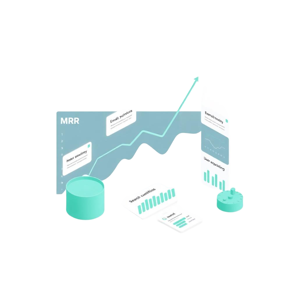 SaaS growth dashboard illustration with MRR chart, pipeline funnel, and search metrics